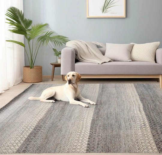 8'x10' Beige Hand Knotted Modern Geometric Tibetan Wool and Bamboo Silk Oriental Area Rug