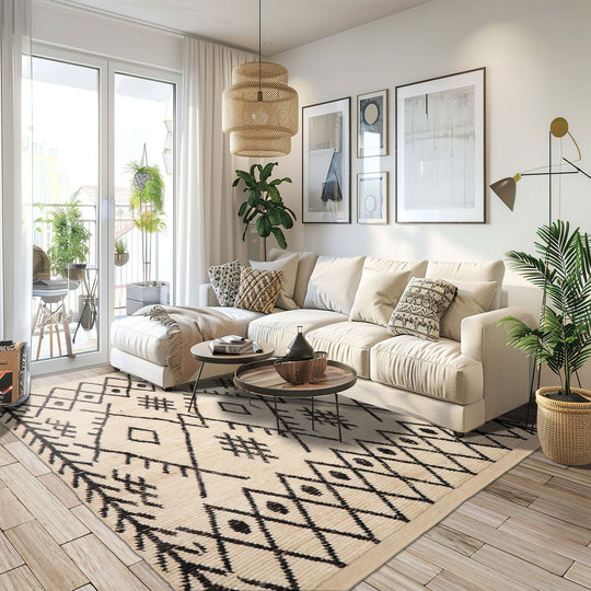 5x7 Hand Knotted Afghan Moroccan 100% Wool Modern & Contemporary Oriental Area Rug Ivory Black Color