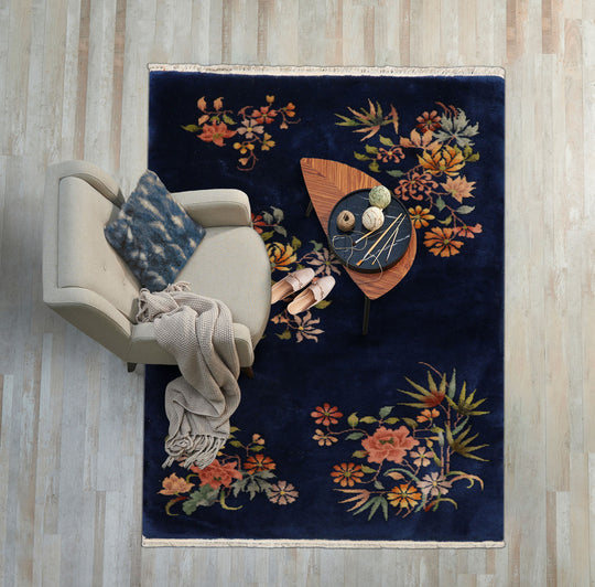 Vintage Art Deco Hand Knotted 100% Wool Oriental Area Rug Royal Blue 3' x 4'11"