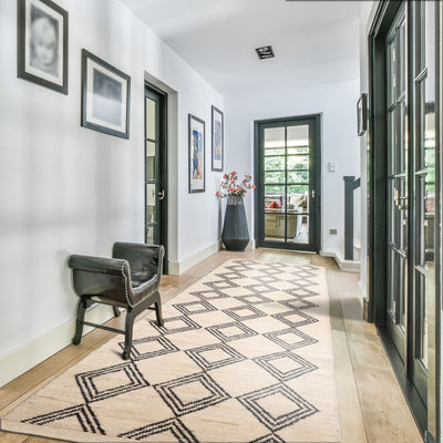 Runner Ivory, Black, Color Hand Knotted Afghan Moroccan Wool Modern & Contemporary Oriental Rug
