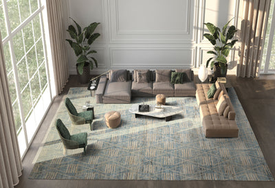 Oversize Blue, Beige, Brown Color Hand Knotted Afghan Moroccan Wool Modern & Contemporary Oriental Rug