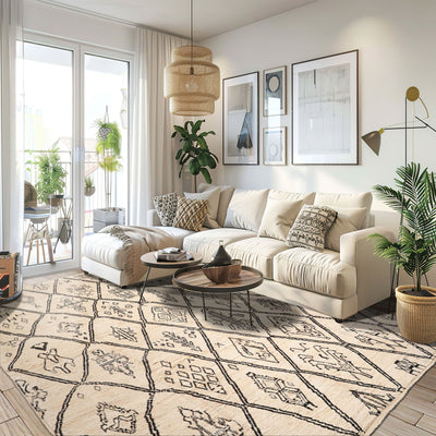 10x14 Ivory, Black, Color Hand Knotted Afghan Moroccan wool Modern & Contemporary Oriental Rug