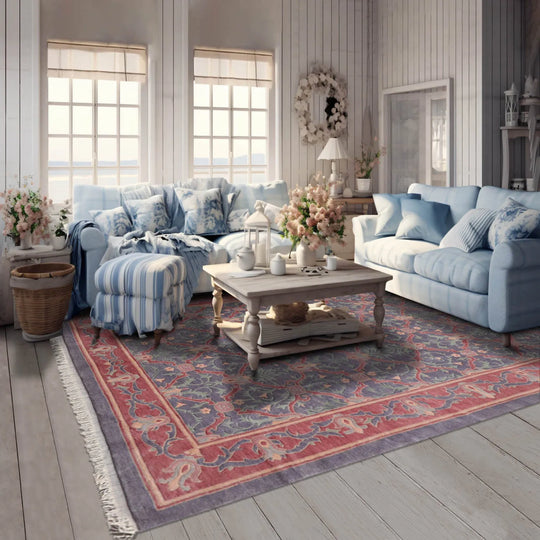 Hand Knotted 100% Wool Tibetan Floral Transitional Area Rug Slate, Blush 6' x 9'