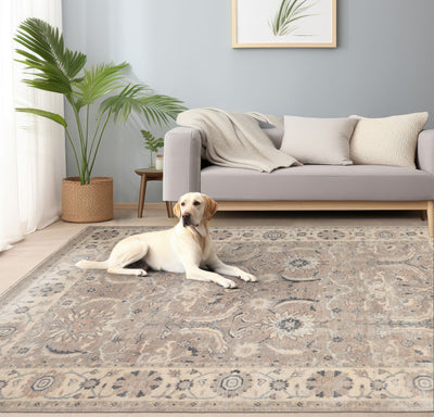 8x10 Tan, Ivory, Charcoal Color Hand Knotted Distress Quality 100% Wool Traditional Oriental Rug