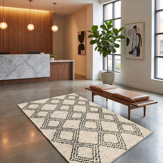 3x5 Hand Knotted Wool Rug Ivory, Black Traditional Afghan moroccan Rug