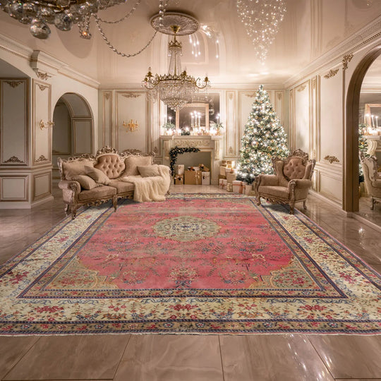 10x14 Antique Pink, Ivory Hand Knotted Turkish 100% Wool Traditional Area Rug