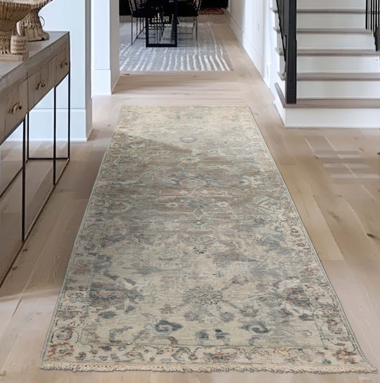 LoomBloom 2'6''x8' Beige Hand Knotted Distressed Quality Traditional Distressed Wool Oriental Area Rug