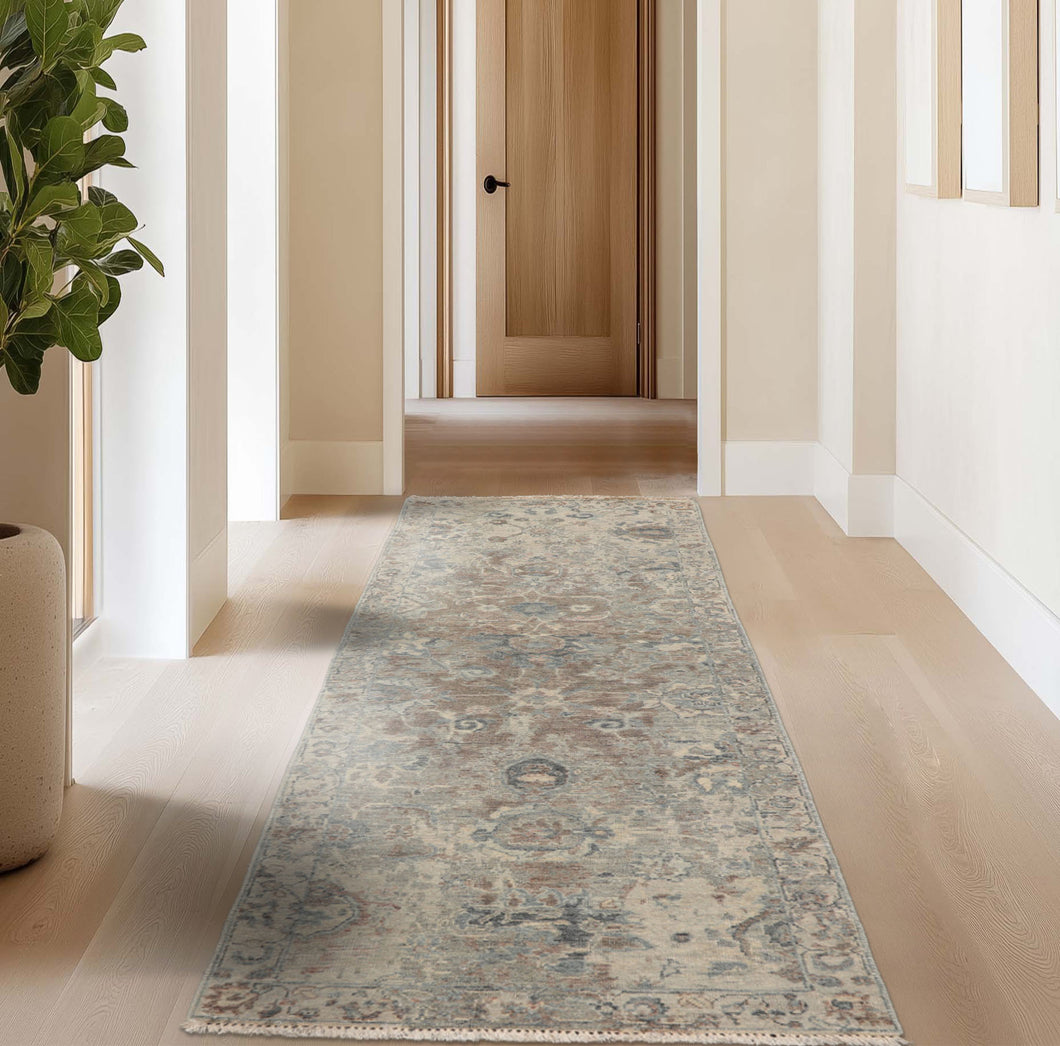 Runner Beige, Brown, Gray Color Hand Knotted Distressed Quality Wool Traditional Oriental Rug