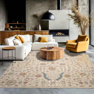 9x12 Beige, Peach, Aqua Color Hand Knotted Distressed Quality Wool Traditional Oriental Rug