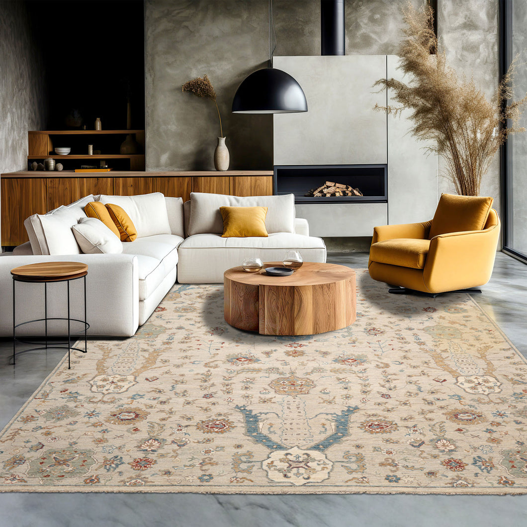 9x12 Beige, Peach, Aqua Color Hand Knotted Distressed Quality Wool Traditional Oriental Rug
