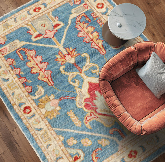 LoomBloom 3'x5' Blue Hand Knotted Turkish Oushak Traditional All-Over Wool Oriental Area Rug