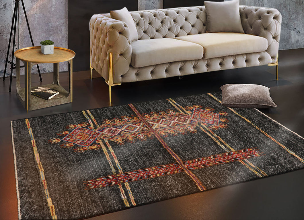 3x5 Charcoal, red, Orange Color Hand Knotted Afghan Moroccan Wool Tribal Oriental Rug