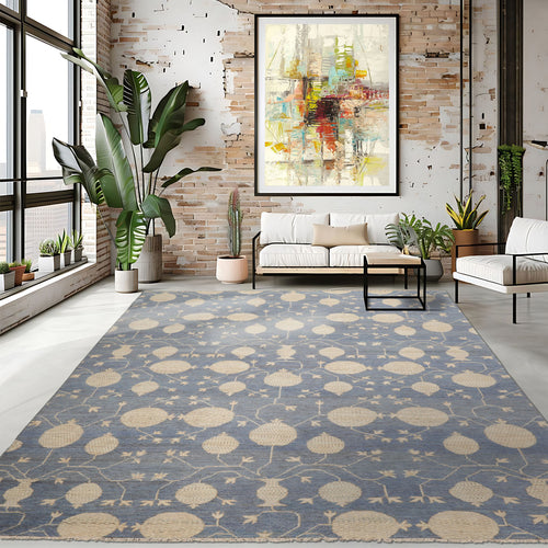9x12 Blue Beige Ivory Color Hand Knotted Afghan Oushak Wool Transitional Oriental Rug