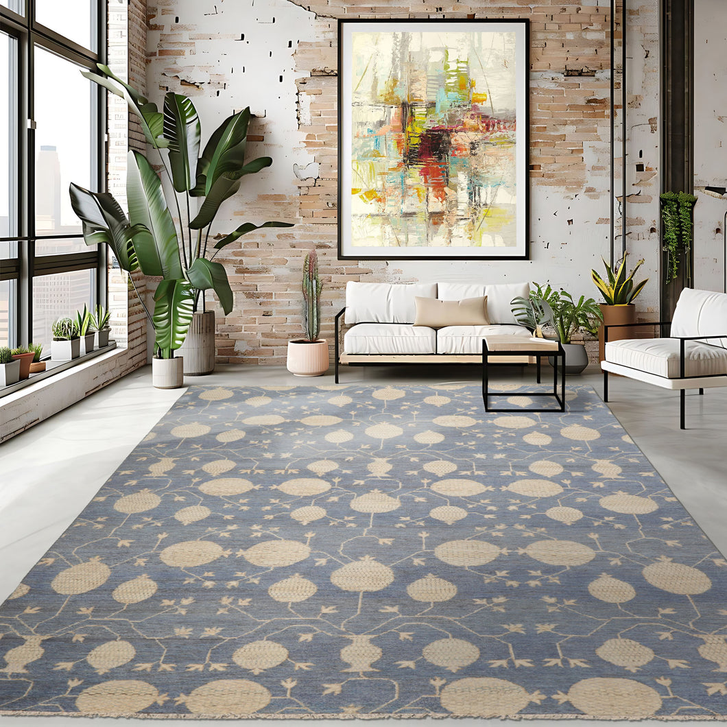 9x12 Blue Beige Ivory Color Hand Knotted Afghan Oushak Wool Transitional Oriental Rug