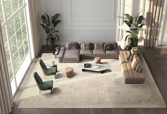 LoomBloom Multi Size Beige Hand Knotted Afghan Oushak Traditional All-Over Wool Oriental Area Rug