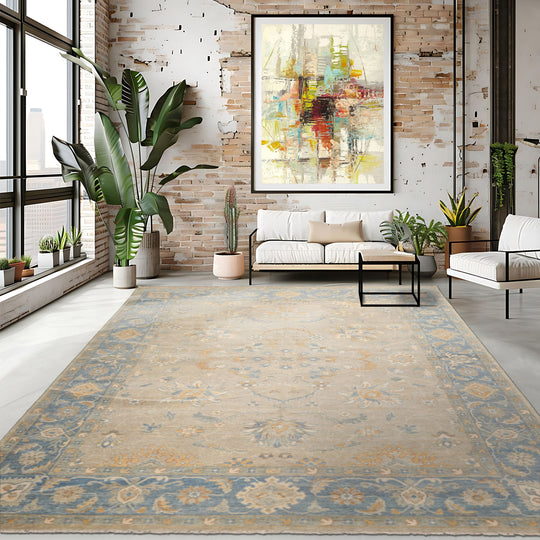 LoomBloom 9'x12' Beige Hand Knotted Afghan Oushak Traditional All-Over Wool Oriental Area Rug