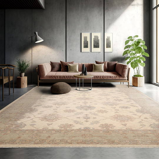 LoomBloom 10'x14' Ivory Hand Knotted Afghan Oushak Traditional All-Over Wool Oriental Area Rug