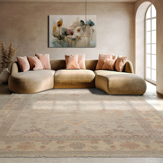 LoomBloom 9'x12' Beige Hand Knotted Afghan Oushak Traditional All-Over Wool Oriental Area Rug