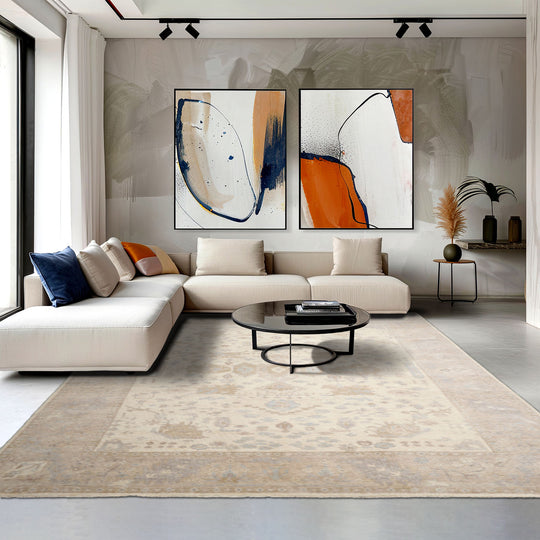 LoomBloom 9'x12' Ivory Hand Knotted Afghan Oushak Traditional All-Over Wool Oriental Area Rug