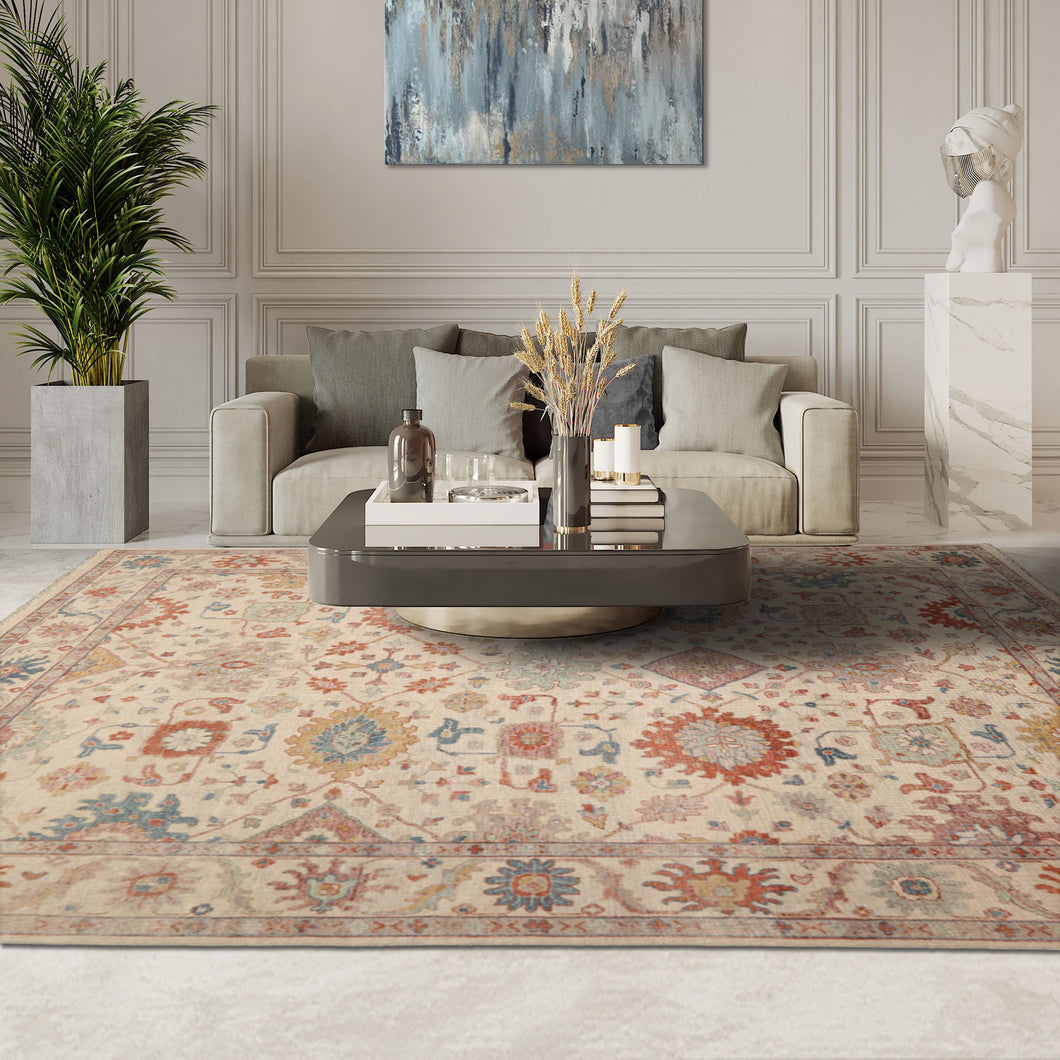 8x10 Beige, Rose, Gray Color Hand Knotted Distressed Wool Traditional Oriental Rug