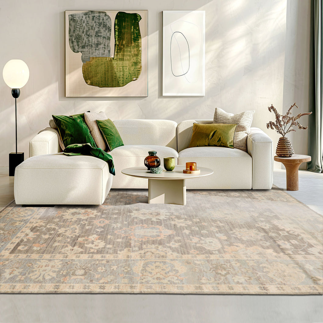9x12 Brown, Slate, Peach Color Hand Knotted Afghan Oushak Wool Traditional Oriental Rug