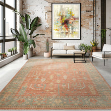 8x10 Orange, Sage, Gold Color Hand Knotted Distressed Wool Traditional Oriental Rug