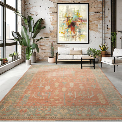 8x10 Orange, Sage, Gold Color Hand Knotted Distressed Wool Traditional Oriental Rug