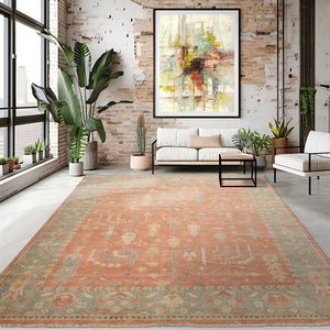 8x10 Orange, Sage, Gold Color Hand Knotted Distressed Wool Traditional Oriental Rug