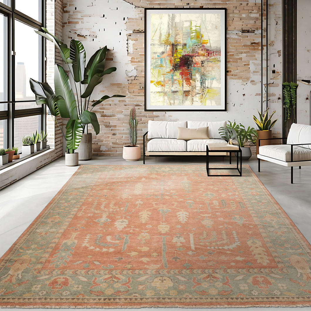 8x10 Orange, Sage, Gold Color Hand Knotted Distressed Wool Traditional Oriental Rug