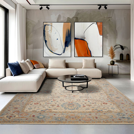 LoomBloom 9'x12' Beige Hand Knotted Khyber Traditional All-Over Wool Oriental Area Rug