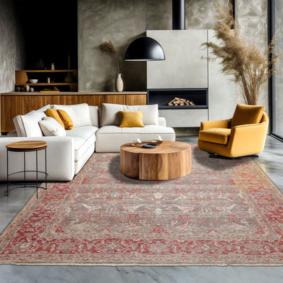 8x10 Gray, Coral, Beige Color Hand Knotted Distressed Wool Traditional Oriental Rug