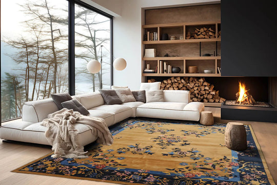 Multi Size Hand Tufted Pictorial New Zealand Wool Chinese Art Deco  Oriental Area Rug Muddy Gold,Dark Blue Color