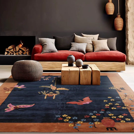 Multi Size Hand Tufted Patterned New Zealand Wool Chinese Art Deco  Oriental Area Rug Navy,Peach Color