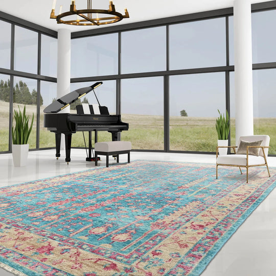Multi Size Turquoise, Light Gold Hand Knotted Arts & Crafts 100% Wool Turkish Oushak Traditional Oriental Area Rug