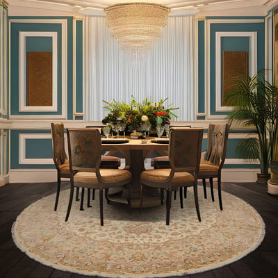 13'2''x13'2'' Round Ivory, Taupe Hand Knotted Wool and Silk Tabriz Traditional 300 KPSI Oriental Area Rug