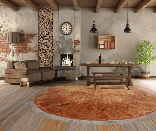 9'9''x9'9'' Round Tan, Peach Hand Knotted Wool and Silk Tabriz Traditional Oriental Area Rug