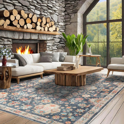Multi Size Navy Machine Made Traditional washable Polyester Oriental Area Rug - Oriental Rug Of Houston