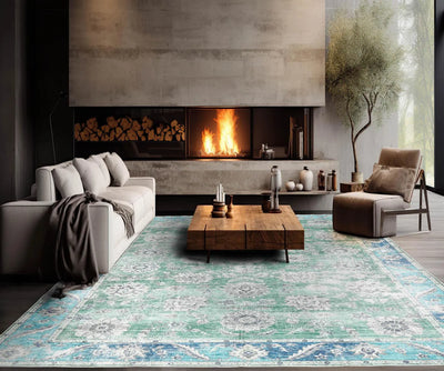 Multi Size Green Machine Made Traditional washable Polyester Oriental Area Rug - Oriental Rug Of Houston