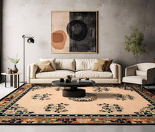 5x8 Beige with Peach Undertone Peach Black Color Hand Tufted Medallion New Zealand Wool  Oriental Rug