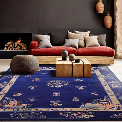 5x8 Royal Blue Beige Tan Color Hand Tufted Pictorial New Zealand Wool  Oriental Rug
