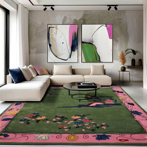 5x8 Green Bubblegum Pink Navy Color Hand Tufted Pictorial New Zealand Wool Transitional Oriental Rug