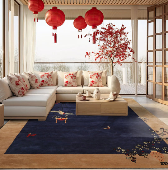 LoomBloom Multi Size Navy Hand Tufted Vase Transitional Chinese Art Deco New Zealand Wool Oriental Area Rug