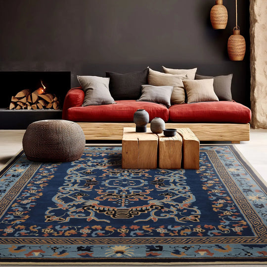 LoomBloom Multi Size Navy Hand Tufted Patterned Transitional Chinese Art Deco New Zealand Wool Oriental Area Rug