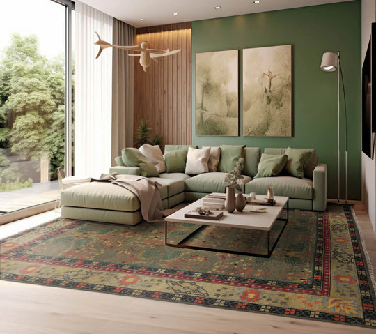 LoomBloom Multi Size Olive Green Hand Knotted Arts & Crafts/Mission Donegal Wool Oriental Area Rug