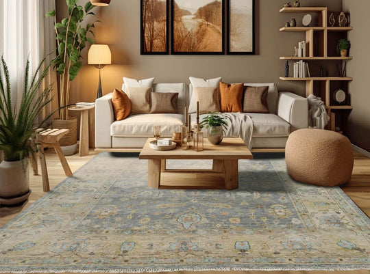 Multi Size Blue Hand Knotted Traditional Oushak Wool Oriental Area Rug