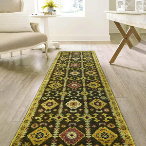 Runner Olive Green Gold Raspberry Color Hand Knotted Oushak Wool Traditional Oriental Rug