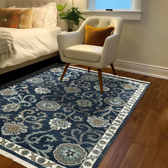 LoomBloom 4' 1'' x5' 11'' Blue Hand Knotted Transitional Oushak Wool Oriental Area Rug