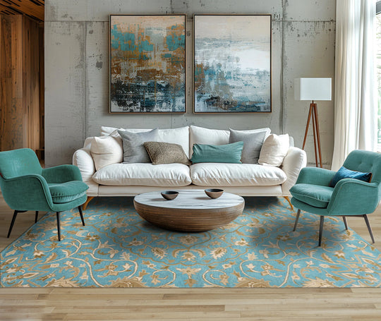 LoomBloom 7'8"x10' Aqua Hand Tufted Transitional Floral 100% Wool Oriental Area Rug