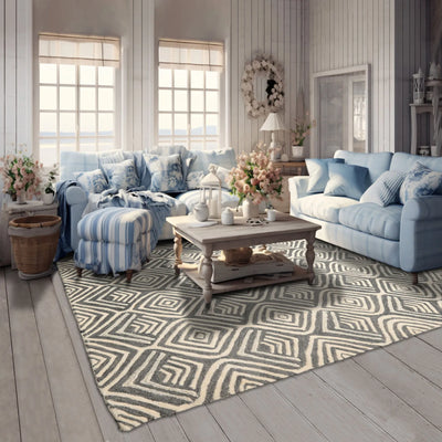 5x8 Gray, Ivory, Color Hand Tufted Geometric Wool Modern Oriental Rug