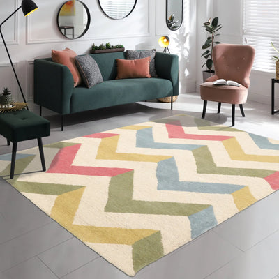 3x5 Ivory, Sage, Blue Color Hand Tufted Chevron Wool Modern Oriental Rug